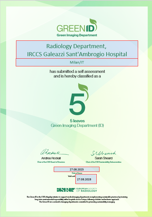 L'U.O. di Radiologia Diagnostica e Interventistica del IRCCS Ospedale Galeazzi-Sant'Ambrogio di Milano, ha ottenuto il Green ID Certificate dell’European Society of Radiology. 2 GreenID cert 1